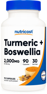Bottle of Nutricost Turmeric + Boswellia 2000mg 90 capsules on white background