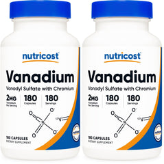 Front view of Nutricost Vanadium + Chromium 2mg bottle (180 vegetarian capsules) - Pack of 2