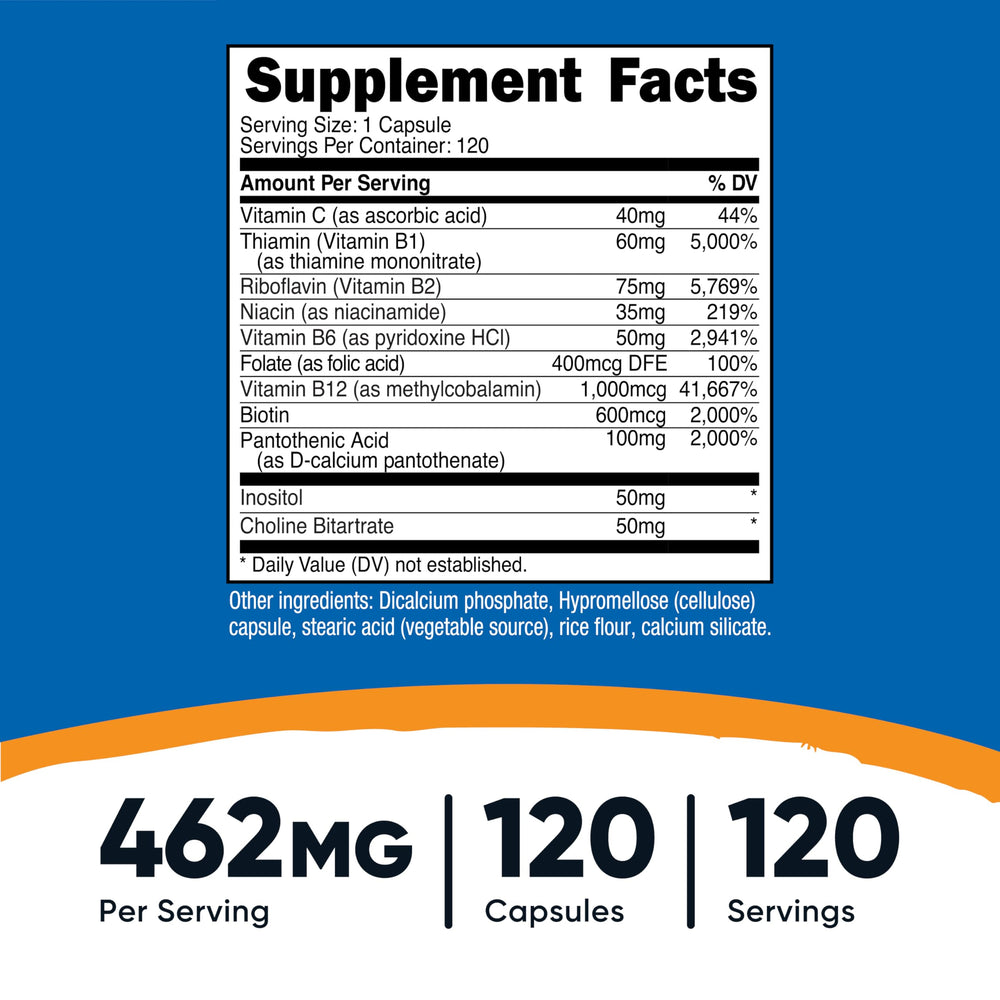 Label showing B vitamins and 462mg per capsule