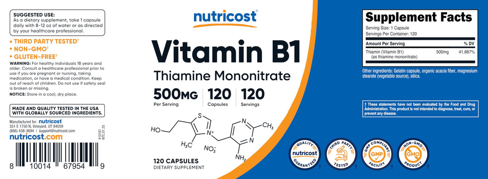 Product packaging and branding for Nutricost Vitamin B1 Thiamine