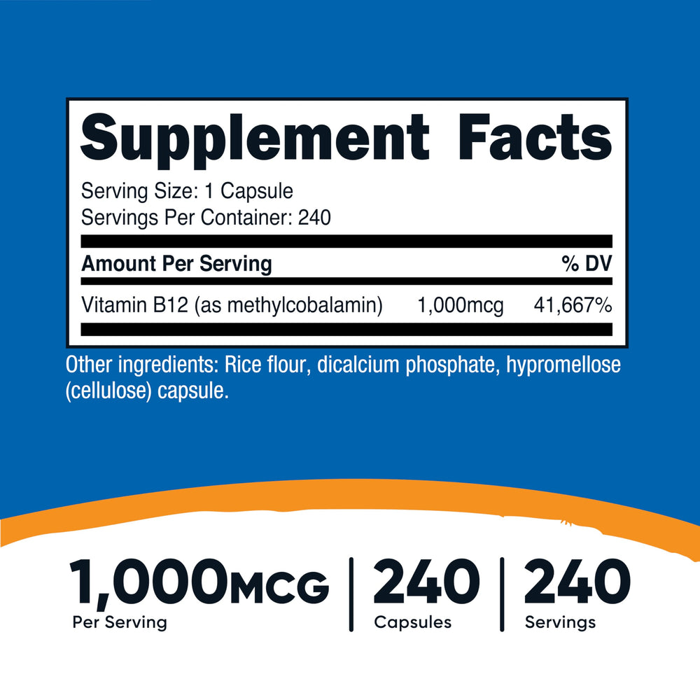 Close-up of Nutricost Vitamin B12 1000mcg methylcobalamin label