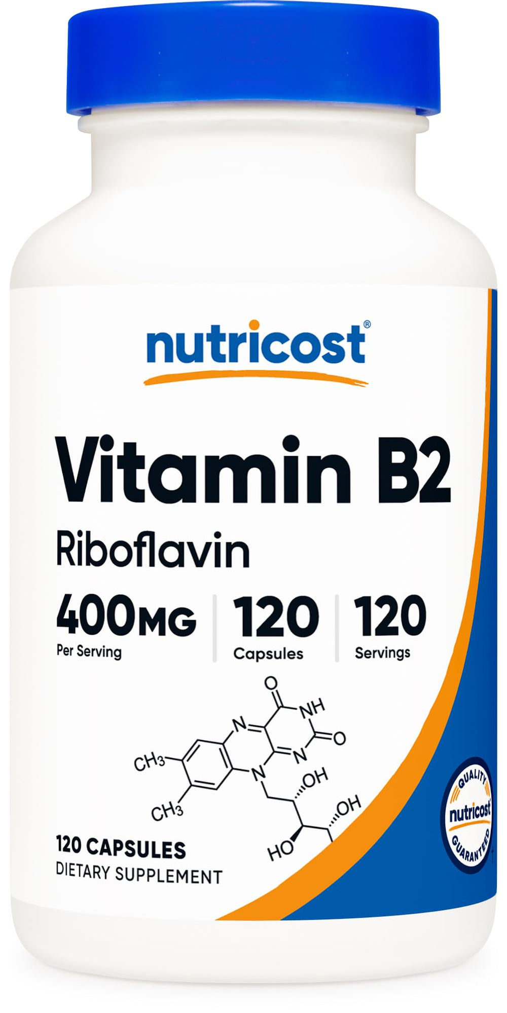 Nutricost Vitamin B2 bottle front view for 400 mg capsule strength