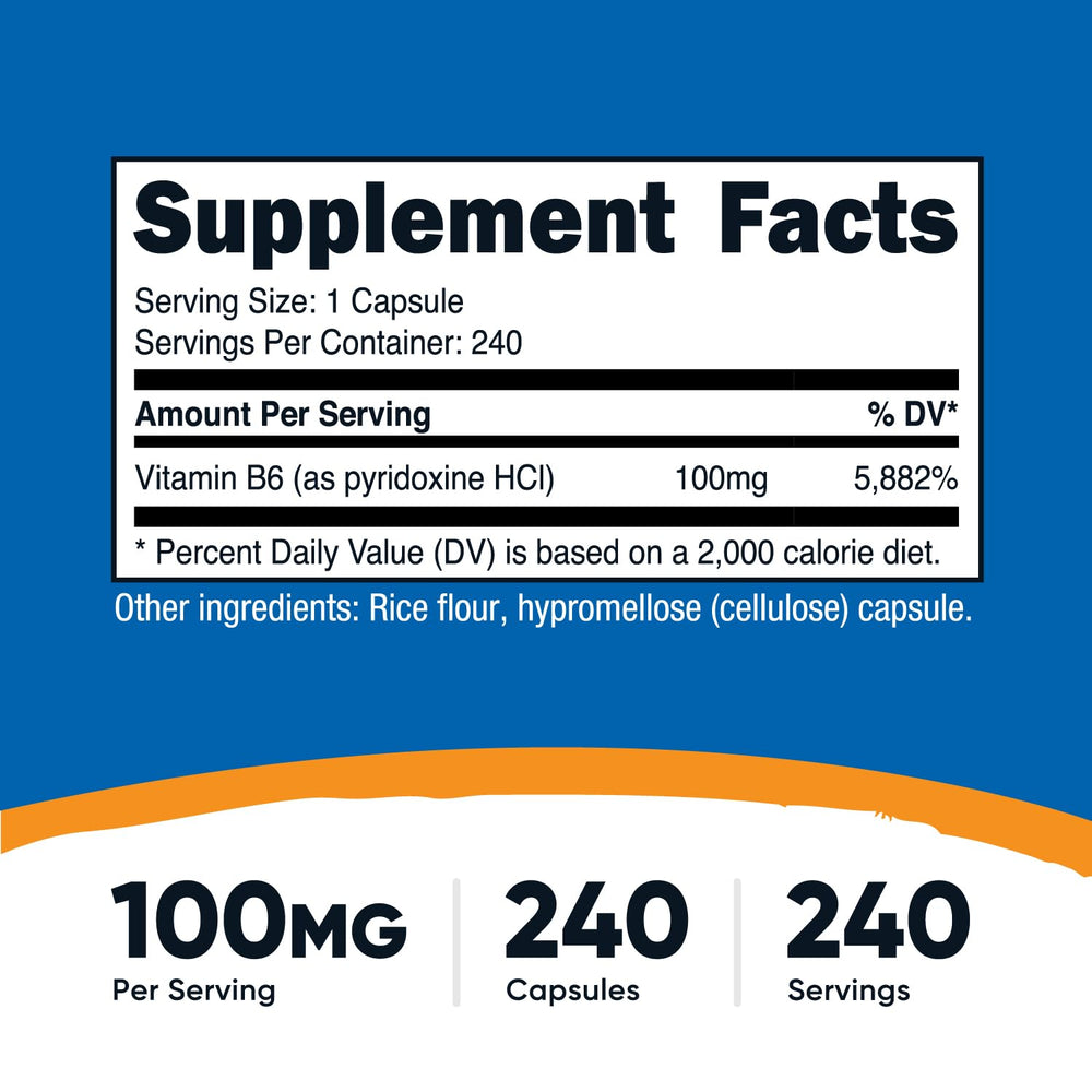 Nutricost Vitamin B6 100mg bottle and 240 capsules in container