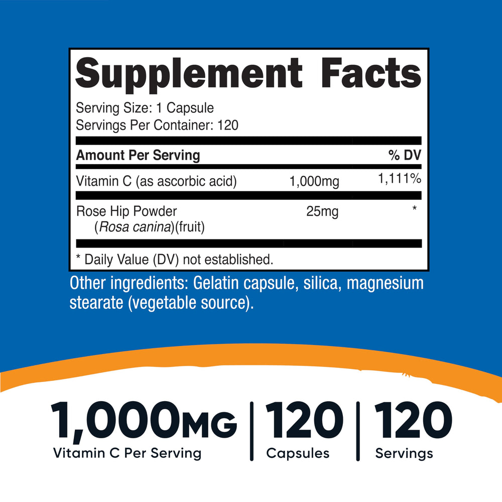Bottle of Nutricost Vitamin C with Rose Hips 1025mg showing 120 capsules