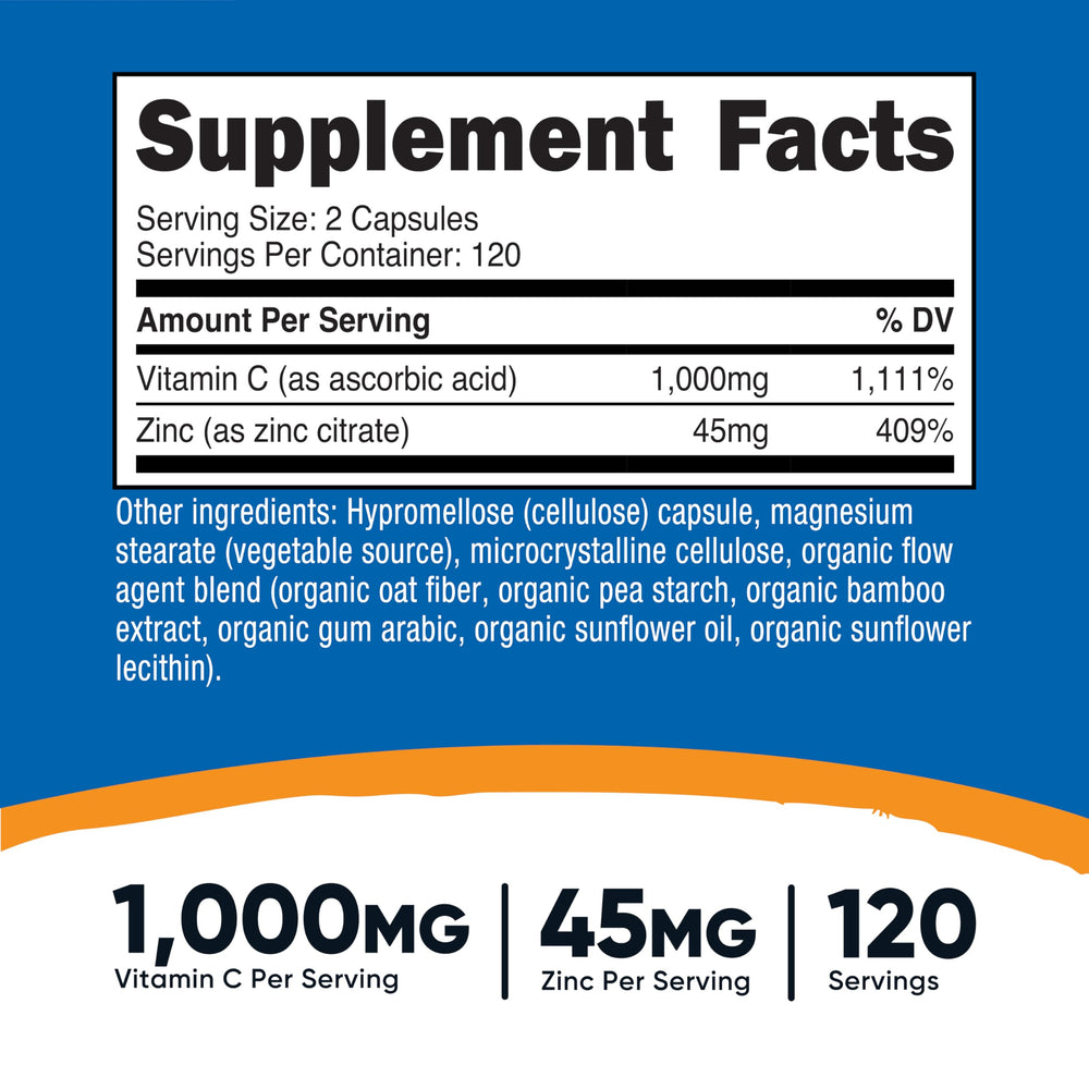 Supplement facts panel showing 1000mg Vitamin C per serving