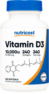 Nutricost Vitamin D3 10000 IU bottle with 240 softgels