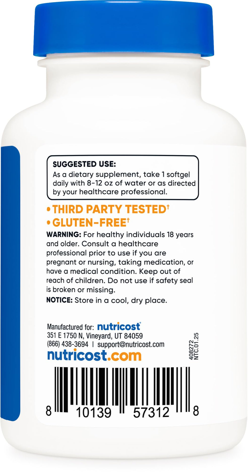 Non-GMO gluten-free Vitamin D3 product by Nutricost