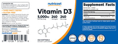 Front view of Nutricost Vitamin D3 5,000 IU bottle with label