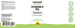 Close-up of Nutricost Vitamin E Oil label showing 230,000 IU