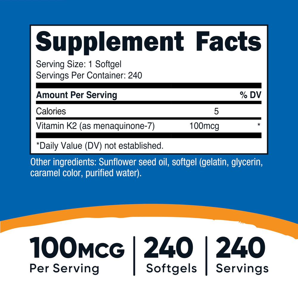 Bottle label showing 100 mcg Vitamin K2 MK-7 per softgel