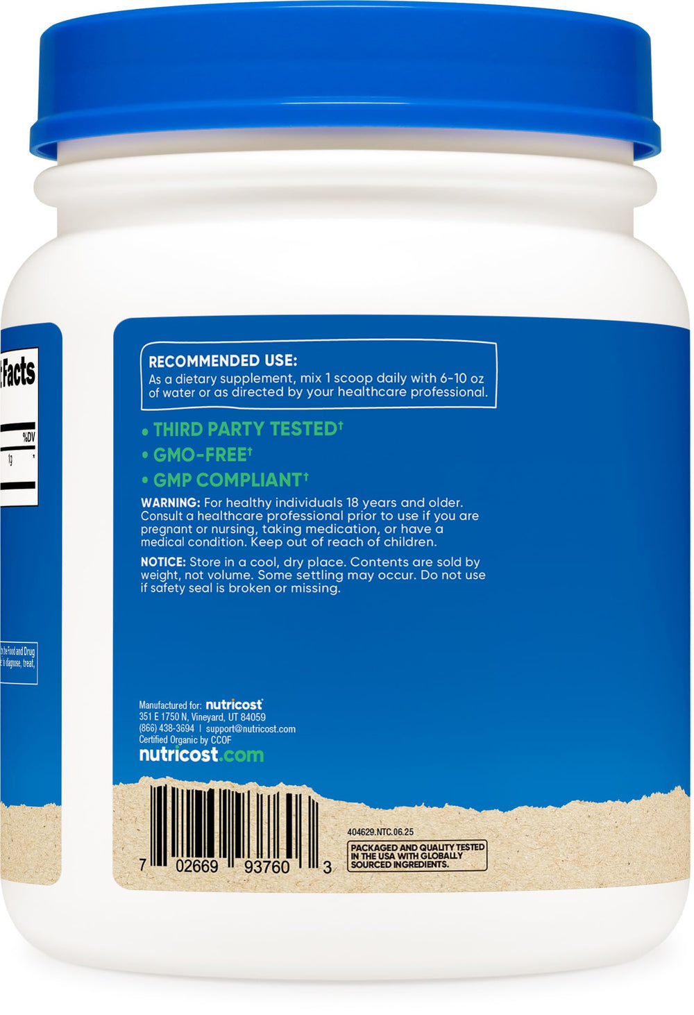 Ingredient and nutrition panel on Nutricost Wheatgrass Powder