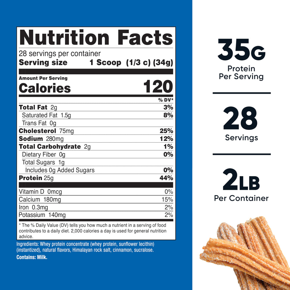 Nutricost whey protein concentrate churro scoop highlights convenient 25g per serving.