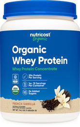Nutricost whey protein concentrate with French vanilla flavor in a shaker for quick shakes.