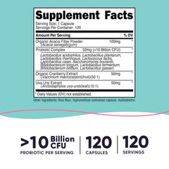 Close-up of probiotic capsules with Acacia Fiber, Uva Ursi and Cranberry Extract