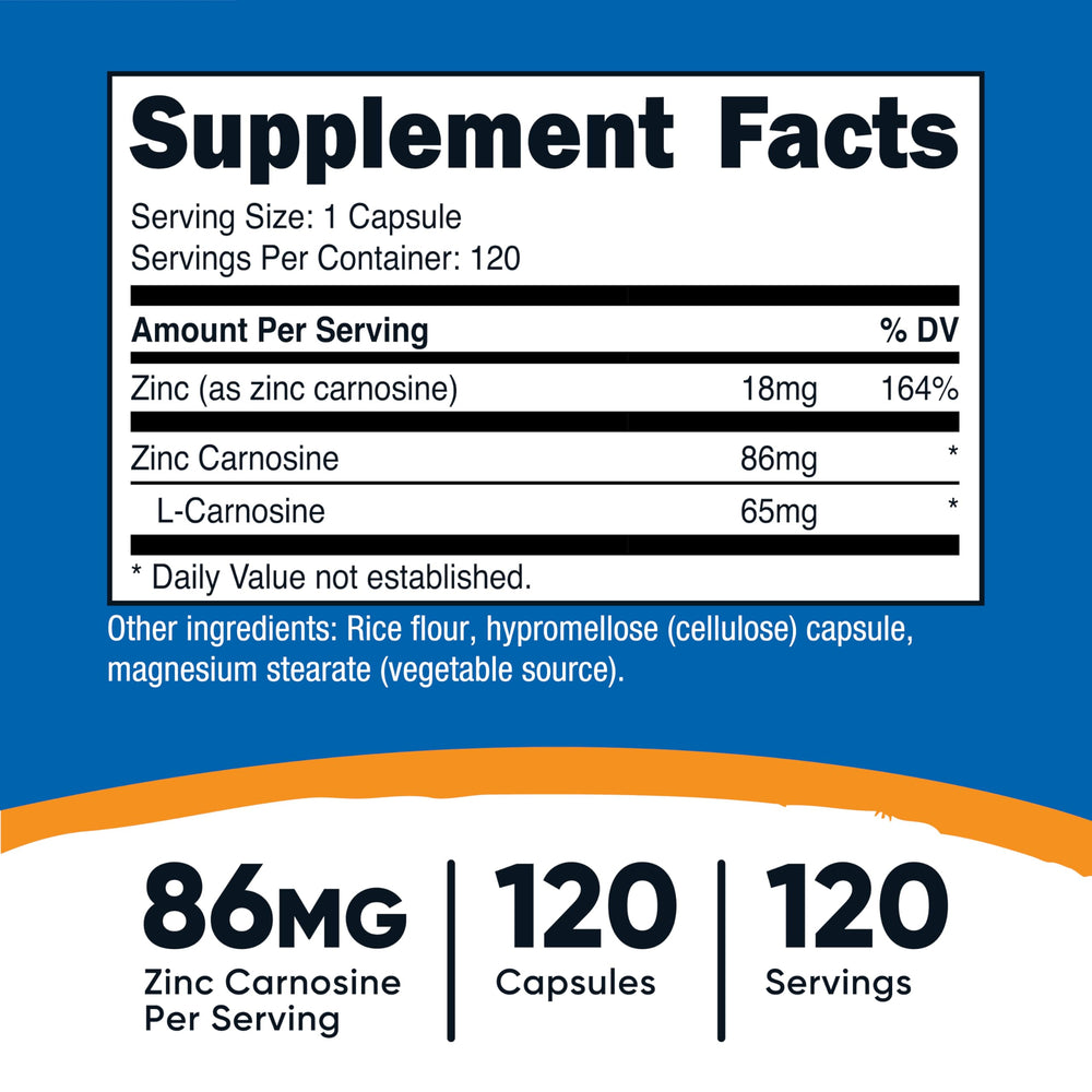 Zinc Carnosine supplement facts panel for Nutricost product