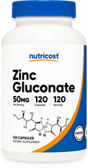 Nutricost Zinc Gluconate 120 Vegetarian Capsules bottle front view