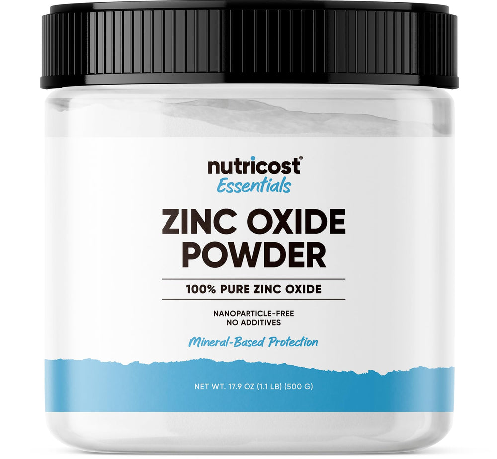 Nutricost Zinc Oxide Powder 500g container shows pure white powder ideal for DIY skincare.