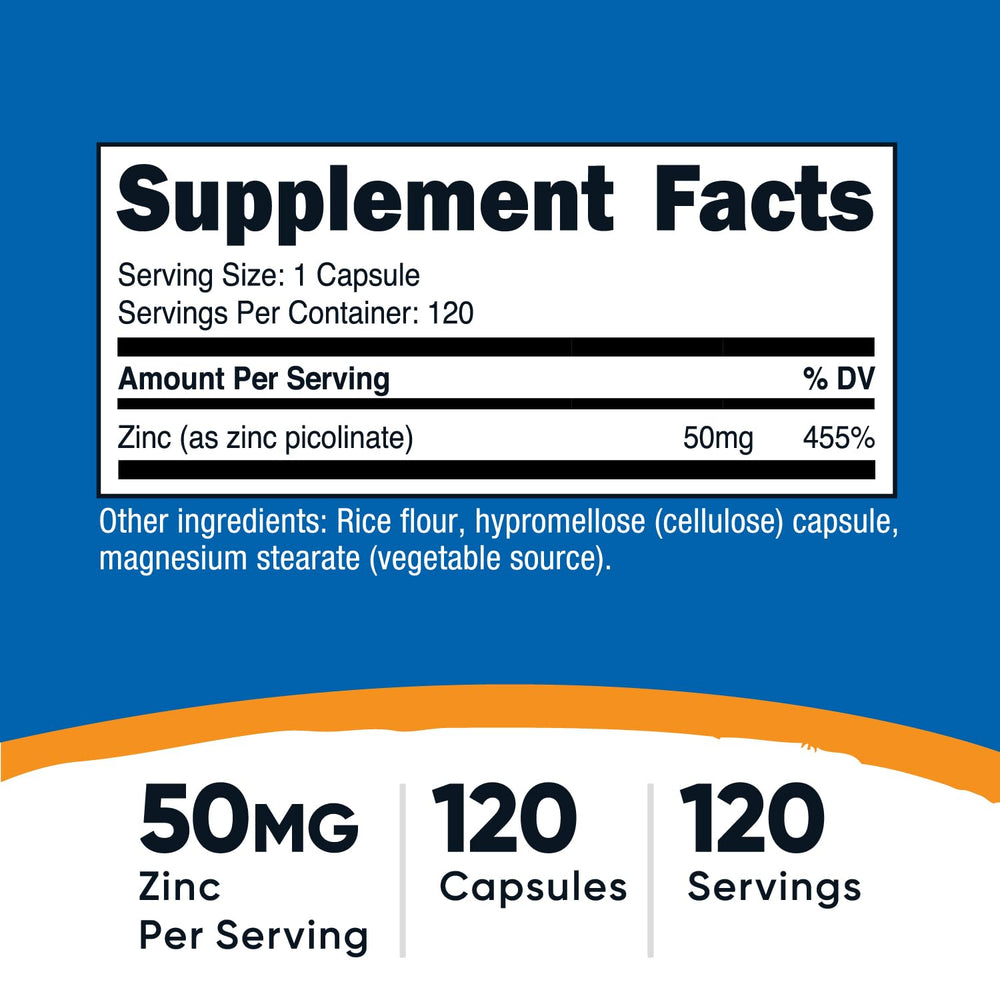 Back label of Nutricost Zinc Picolinate bottle showing ingredients and serving information