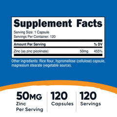 Back label of Nutricost Zinc Picolinate bottle showing ingredients and serving information