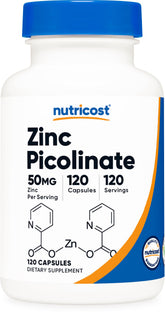 Front view of Nutricost Zinc Picolinate 50mg bottle with 120 vegetarian capsules