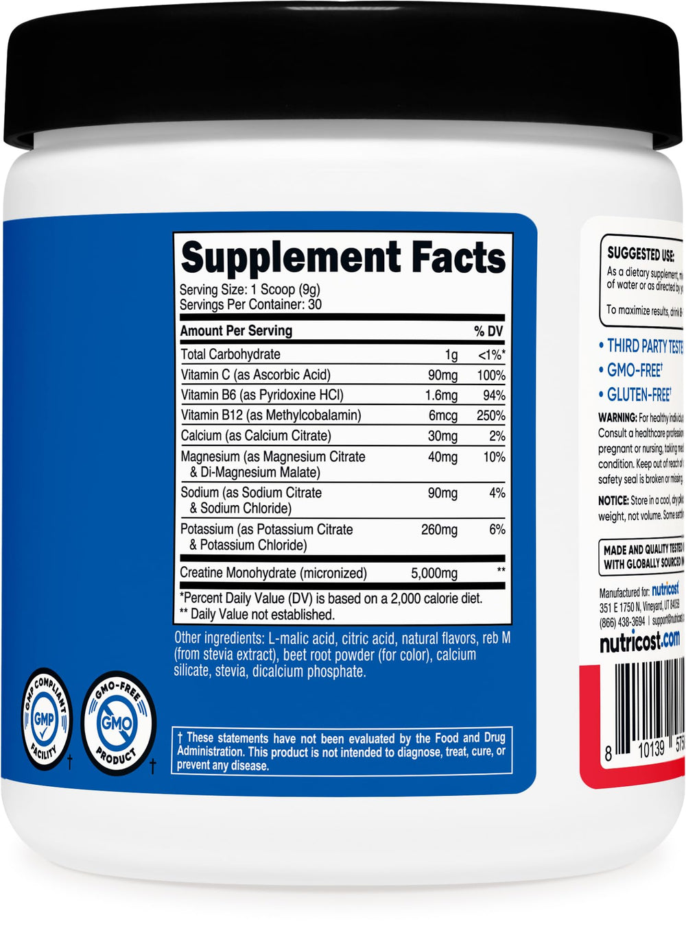 Packaging ingredients for Nutricost Creatine Monohydrate Fruit Punch