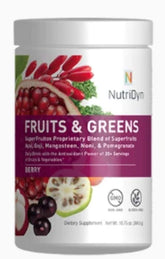 NutriDyn Fruits & Greens Berry Flavor canister labeled Certified Organic