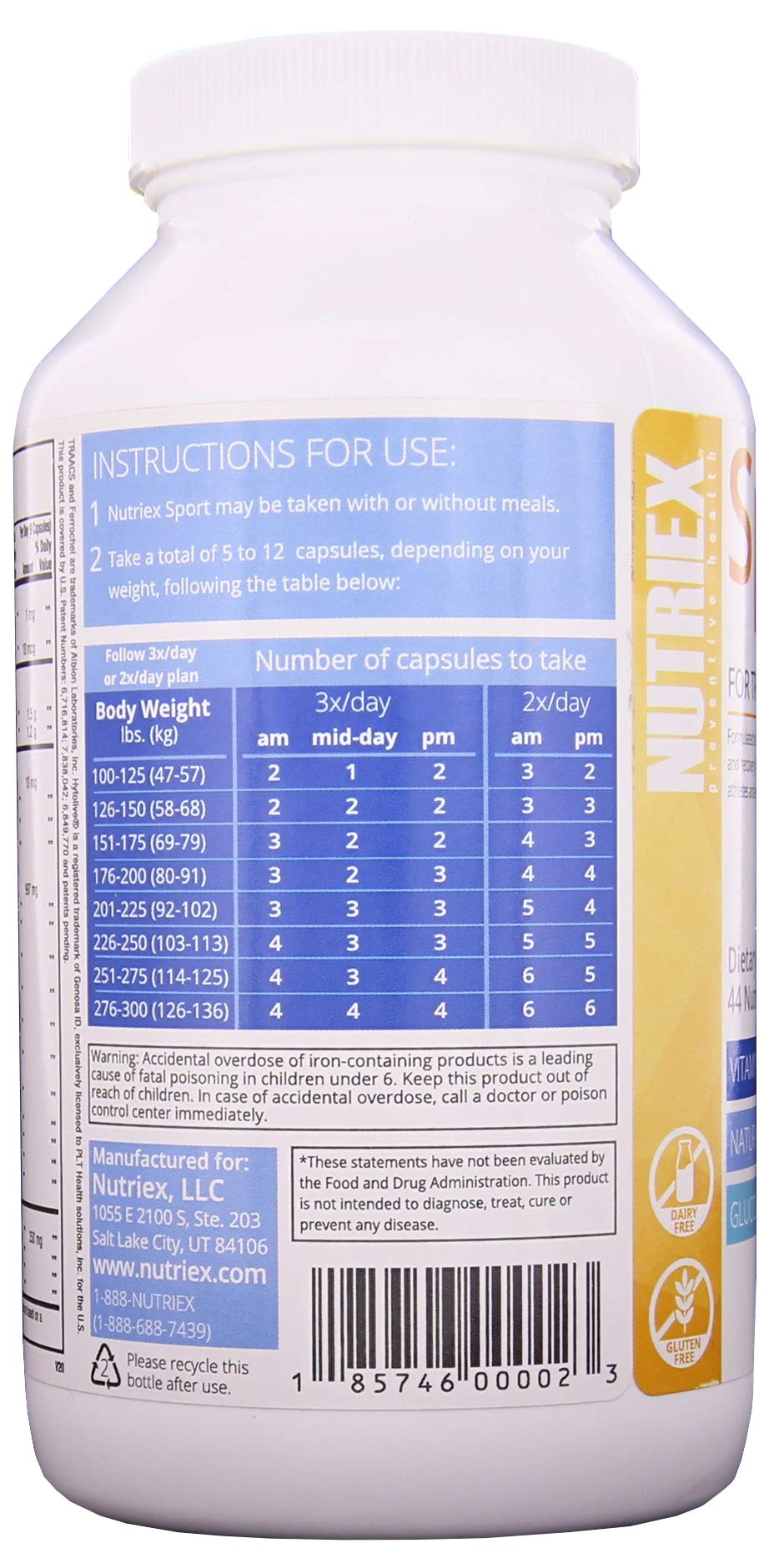 Nutrition facts panel for Nutriex Sport multivitamin
