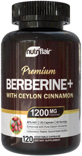 NutriFlair Berberine 97% HCl with Ceylon Cinnamon bottle and capsules