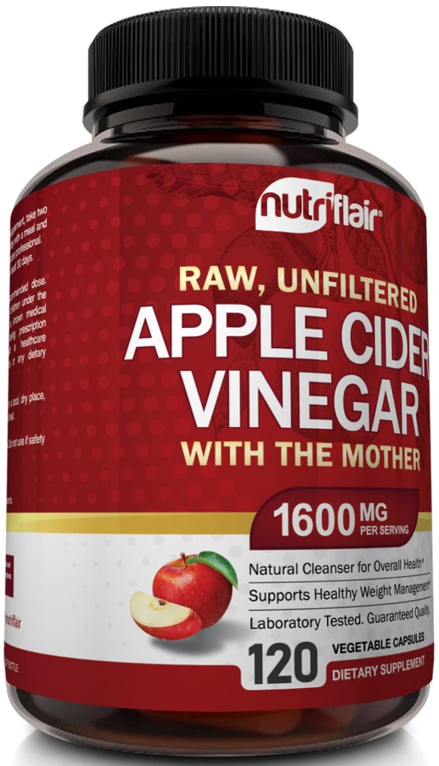 NutriFlair capsules beside apple and vinegar highlighting source