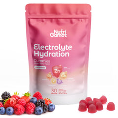 NutriGamot Electrolyte Hydration Gummies bottle promotes on-the-go hydration with mixed berry flavor