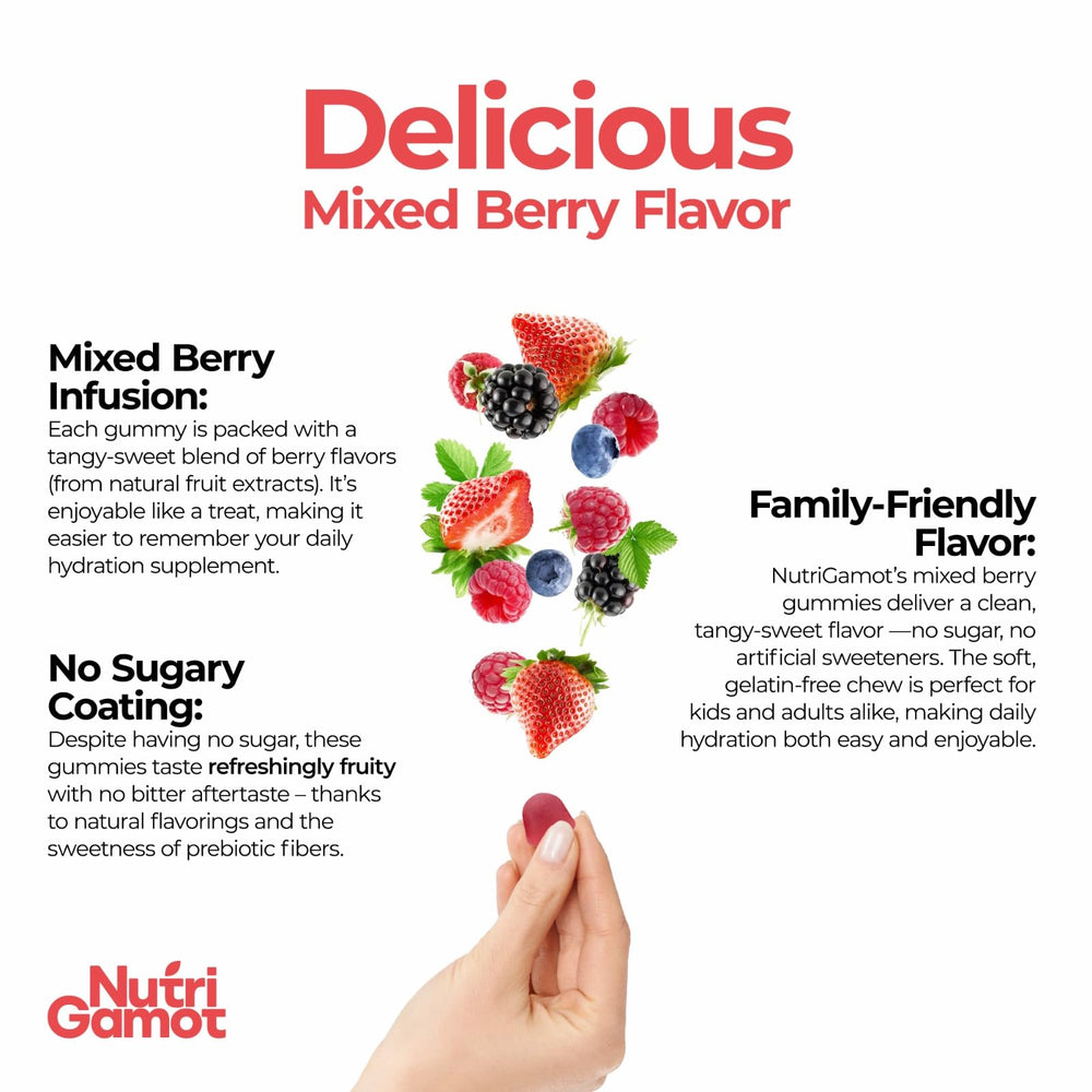 NutriGamot gummies close-up shows vibrant mixed berry chews for quick hydration