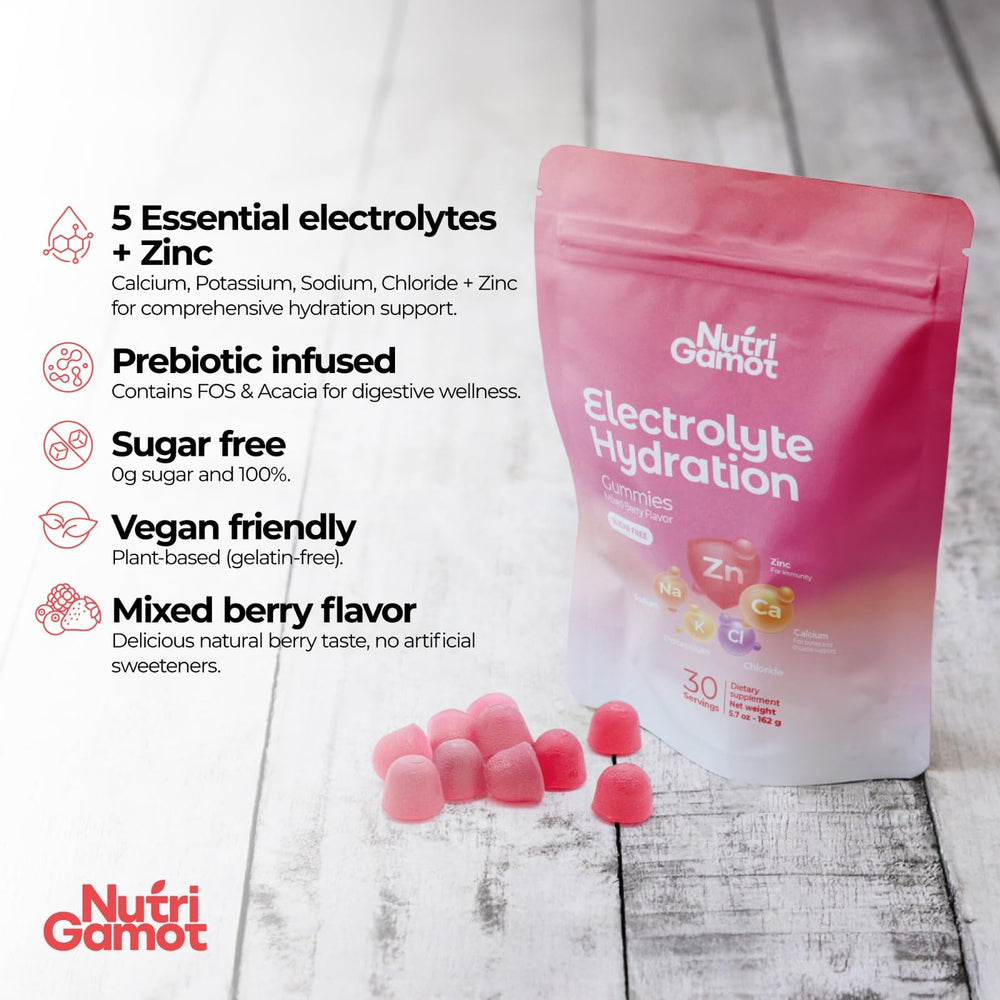 NutriGamot Electrolyte Hydration Gummies mixed berry pack emphasizes sugar-free energy