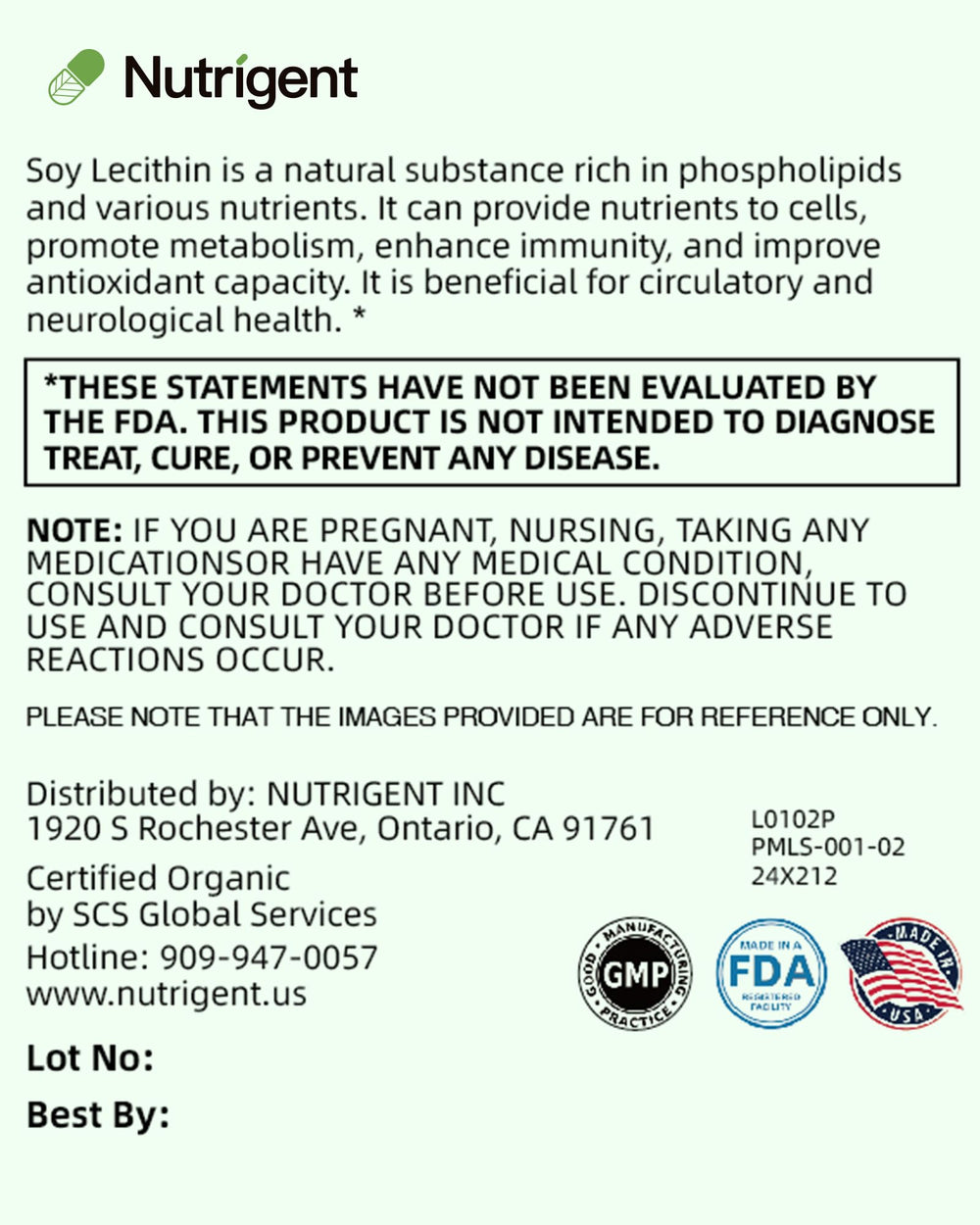 Nutrigent Soy Lecithin gluten-free and non-GMO packaging label
