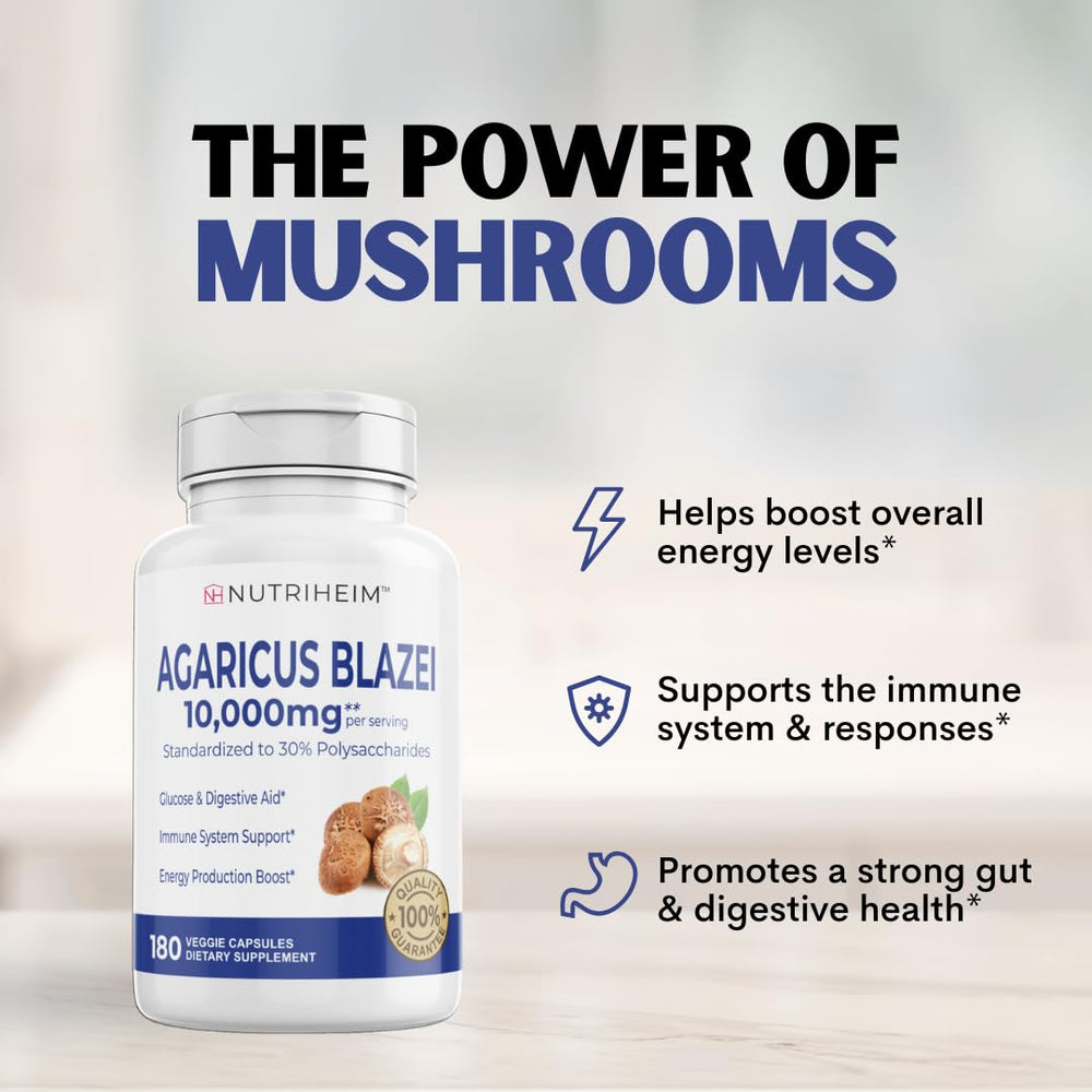 Product label highlighting Agaricus Blazei and polysaccharides