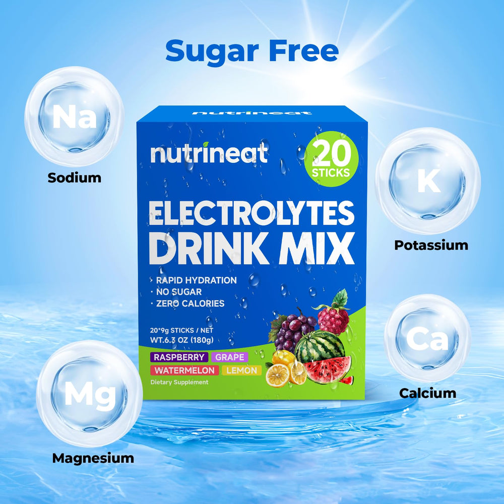 NutriNeat electrolytes grape packet poured into a glass for refreshing hydration.