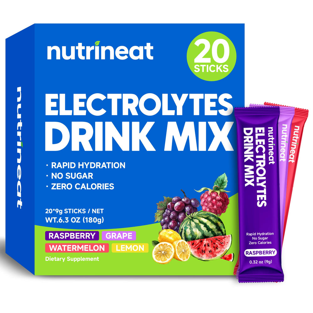 NutriNeat electrolytes raspberry packet dissolving in water for on-the-go hydration.