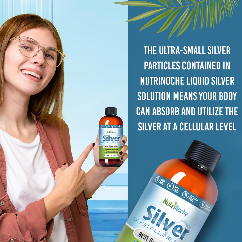 Close-up of NutriNoche Colloidal Silver bottle and label