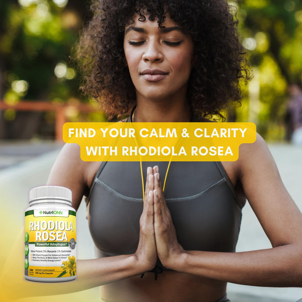 NutriONN Rhodiola Rosea bottle highlighting black pepper absorption feature.