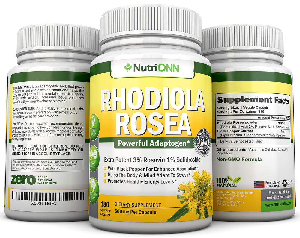 NutriONN Rhodiola Rosea ingredients panel with Rosavin and Salidroside.
