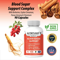 Close-up of NutriSulin bottle highlighting Berberine, Cinnamon, Panax Ginseng, and Chromium