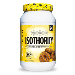 Nutrithority Isothority whey protein isolate bottle with Caramel Coconut Cookie flavor for post-workout shakes