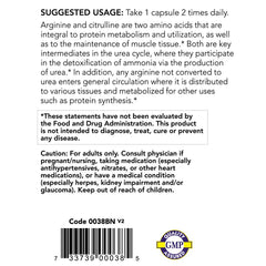 Nutrition facts and ingredients label for NOW Arginine and Citrulline