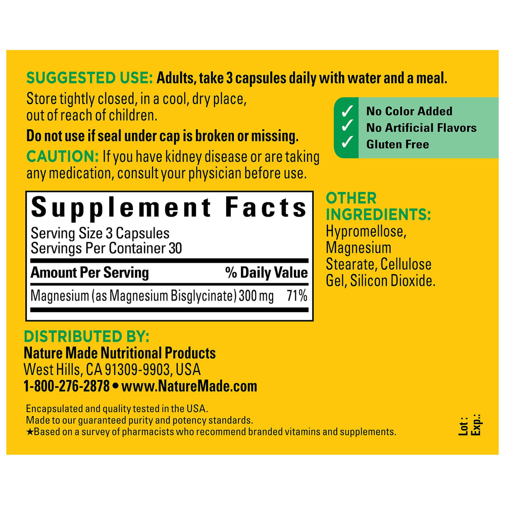 Nutrition facts panel for Magnesium Glycinate 300 mg
