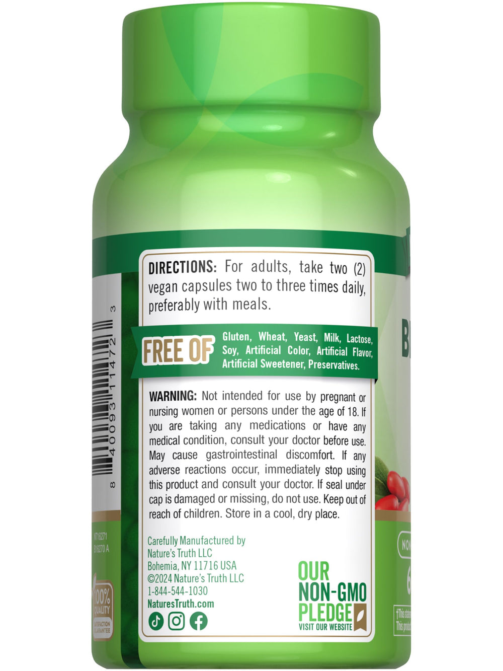 Nutrition facts label for Berberine HCl 500mg supplement