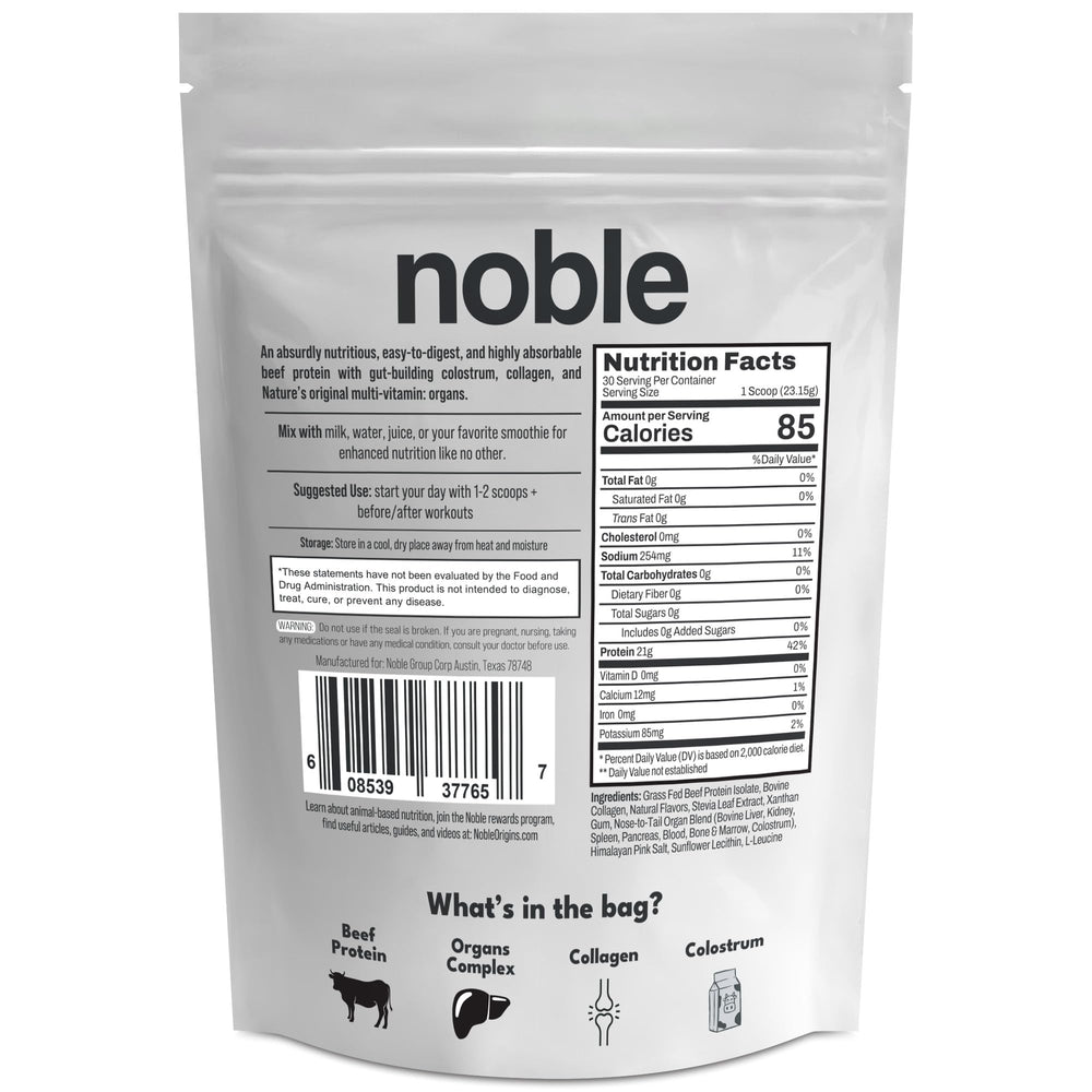 Nutrition label and serving information for Noble beef protein powder