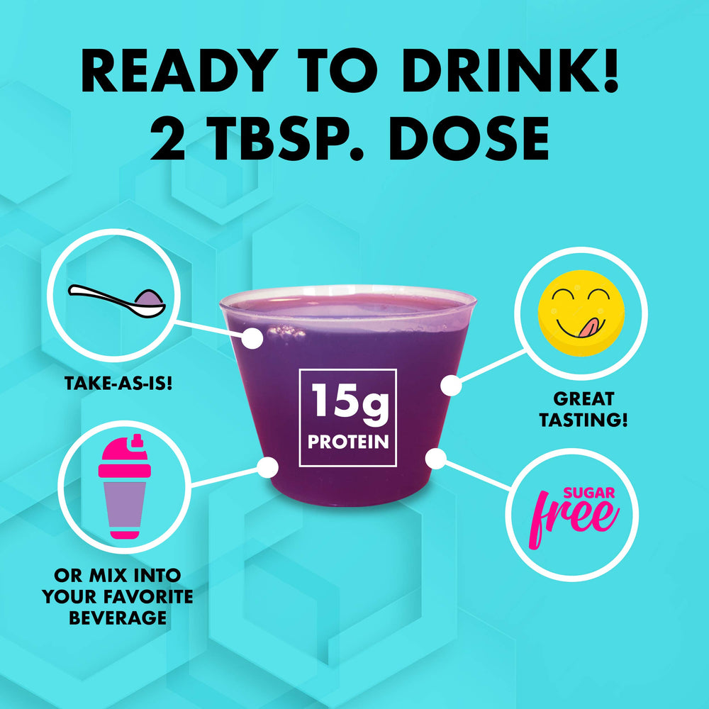 Nutritional Designs LPS liquid collagen-whey glass-serve shows quick nourishment during breaks.