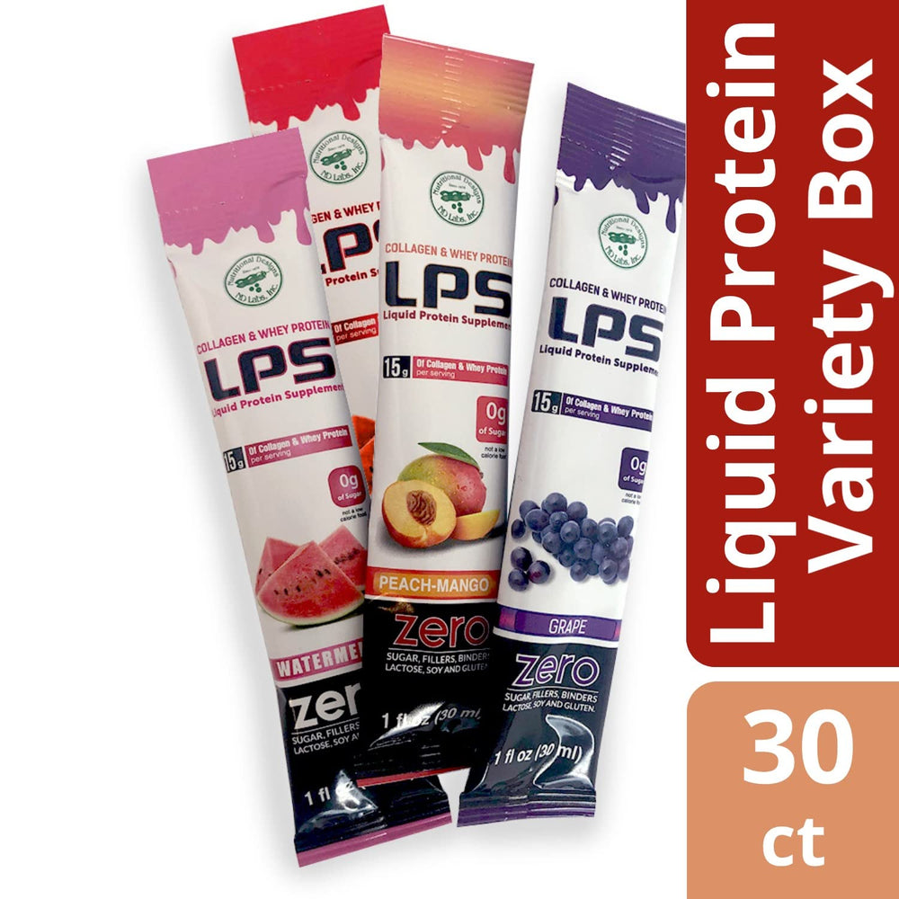 Nutritional Designs LPS liquid collagen-whey label close showcases sugar-free nutrition and non-GMO ingredients.