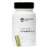 Bottle of Nutritional Roots Vitamin D3 + K2 with probiotics and algal Omega-3 DHA
