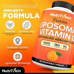 Nutrivein liposomal vitamin C 1650mg bottle open showing capsule count and packaging quality.