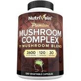 Bottle of Nutrivein Premium Mushroom Supplement 2600 mg with 120 vegan capsules